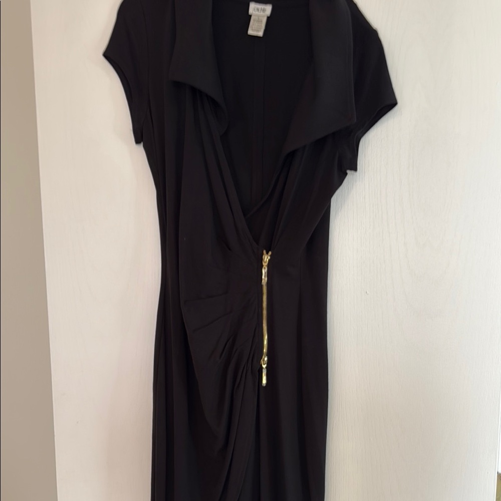 Cache Black and Gold Sheath Midi Dress with Notched Collar